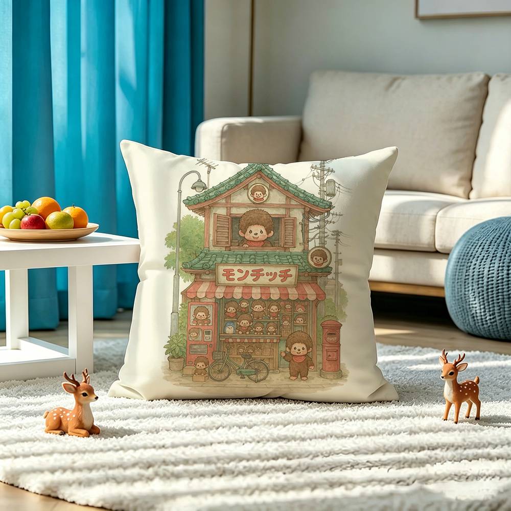 Cartoon M-M-Monchhichis Anime Square Double-Sided printed Pillow Case Bedroom Bedside Pillow Sofa Cushion Cover