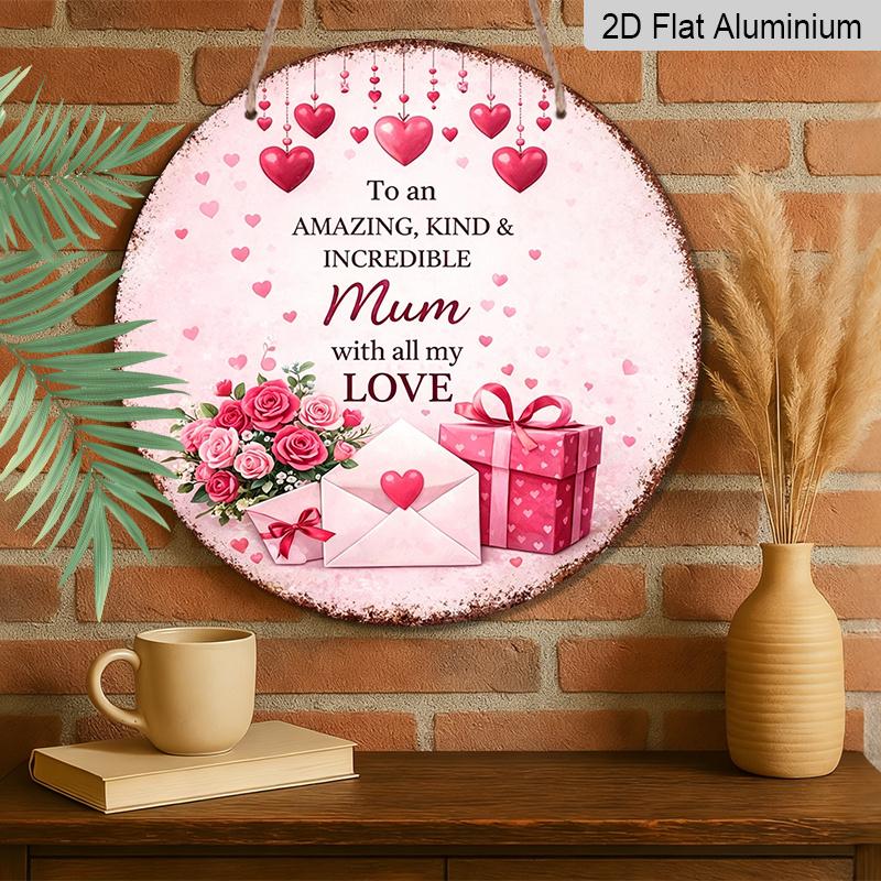 2D Flat, 1pc Round Aluminum Hanging Sign - "To an Amazing Mum" Pink Heart & Rose Metal Wall Art, Sweet Love Quote Design, Perfect for Mother's Day
