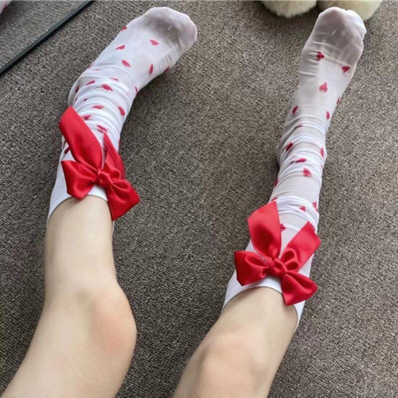 Lolita Heart Transparent Stockings Lovely Red Bow Over Knee JK Stockings Tigh High Sexy Suspender Tube Silk Lolita Stockings