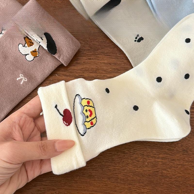 Autumn Cute Cartoon Pattern Socks, Flanged Mid-calf Socks, School-style Versatile Cotton Socks