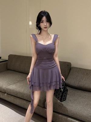 Nightclub Sexy Spaghetti Strap Dress – Low-Cut, Tassel Patchwork, Waist-Cinched, Large Hem Short Skirt
