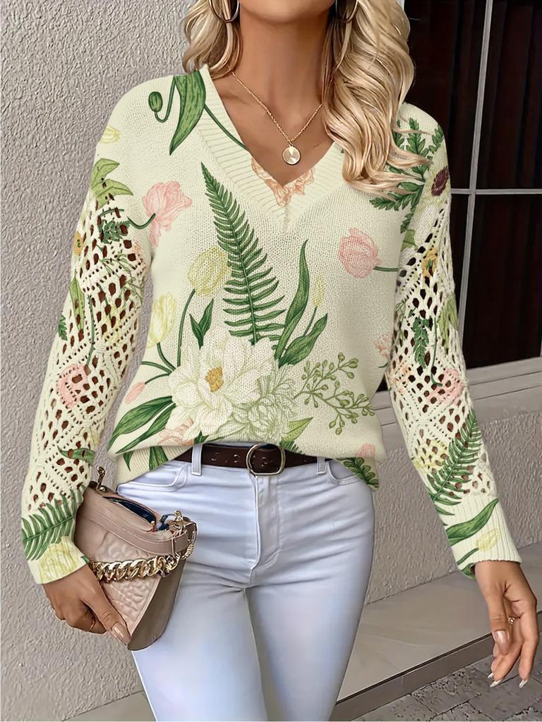 Neues bedrucktes V-Ausschnitt-Oberteil Damen beliebter Pullover Langarm Frühling und Herbst Pullover