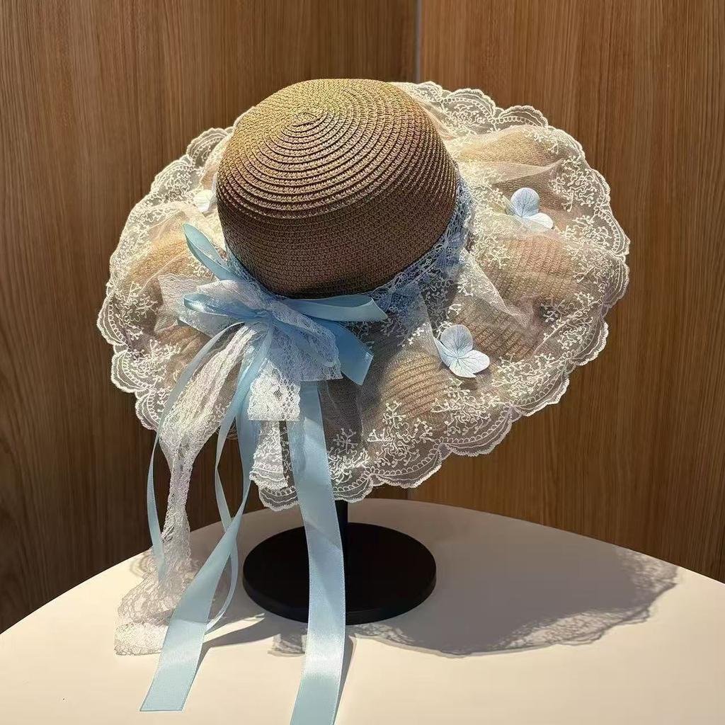 Vacation Style Seaside Straw Hat Lace Beach Hat Straw Woven Sunscreen Hat Women's Summer Visor Breathable Bucket Hat