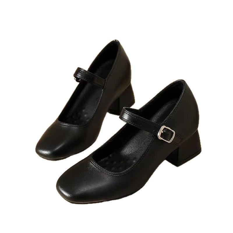Soft dough thick heel single shoes women's spring and autumn new one-word buckle with round head dancing small leather shoes women