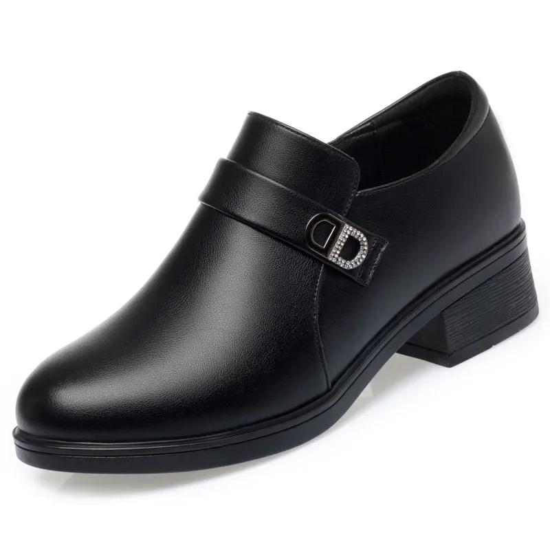 

Весенние женские туфли на каблуках с глубоким ртом, удобные, модные, дышащие, с круглым носком, мягкие, кожаные, с мягкой подошвой, черные офисные туфли 35 чёрный