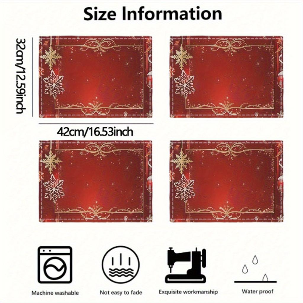 4pcs Linen Placemats, Red Table Mats with Golden Snowflakes 12x18 Inches, Suitable for Kitchen Dining Festival Dining and Coffee Table Decoration,