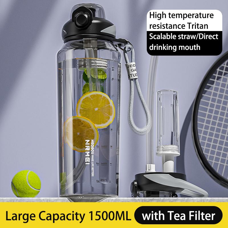 Large Capacity Sports Water Bottle with Time Marker Outdoor Portable Tritan Cup Leak-proof Water Bottles with Straw 1000/1500ML