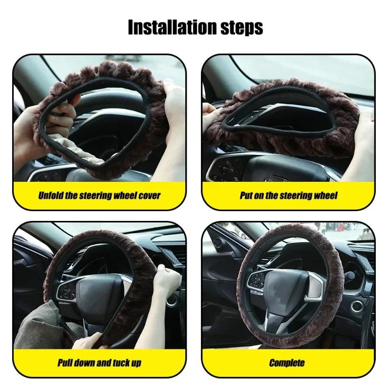 Car Steering Wheel Cover Gearshift Handbrake Cover Protector Decoration Winters Warm Thick Plush Collar Soft  Non Slip Women Man
