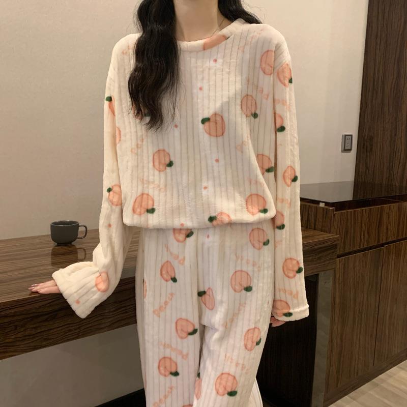 

Женский персиковый мультяшный комплект пижамы из кораллового флиса - Теплая осенне-зимняя домашняя одежда One Size