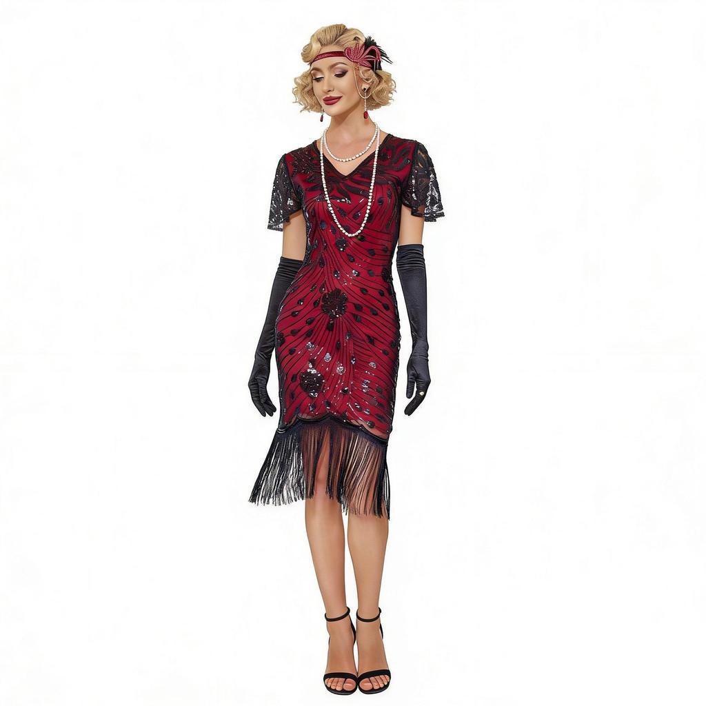 Großformatiges Vintage Gatsby Pailletten Perlen Cocktailkleid mit Quasten Netzrock