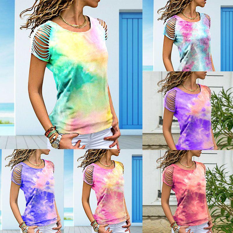 Womens Vibrant Tie-dye Printed Tops Casual Short Sleeve Blouse Perfect For Summer