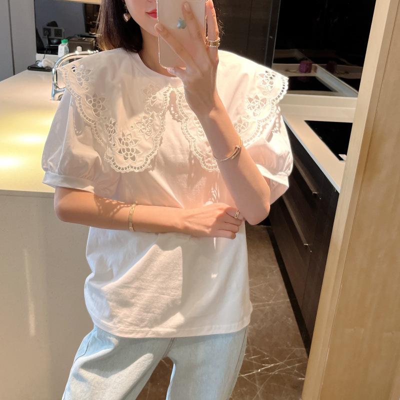 Large Size Women's Summer Hollow Lotus Leaf Petal Collar Loose White Casual Short Sleeved T-shirt
