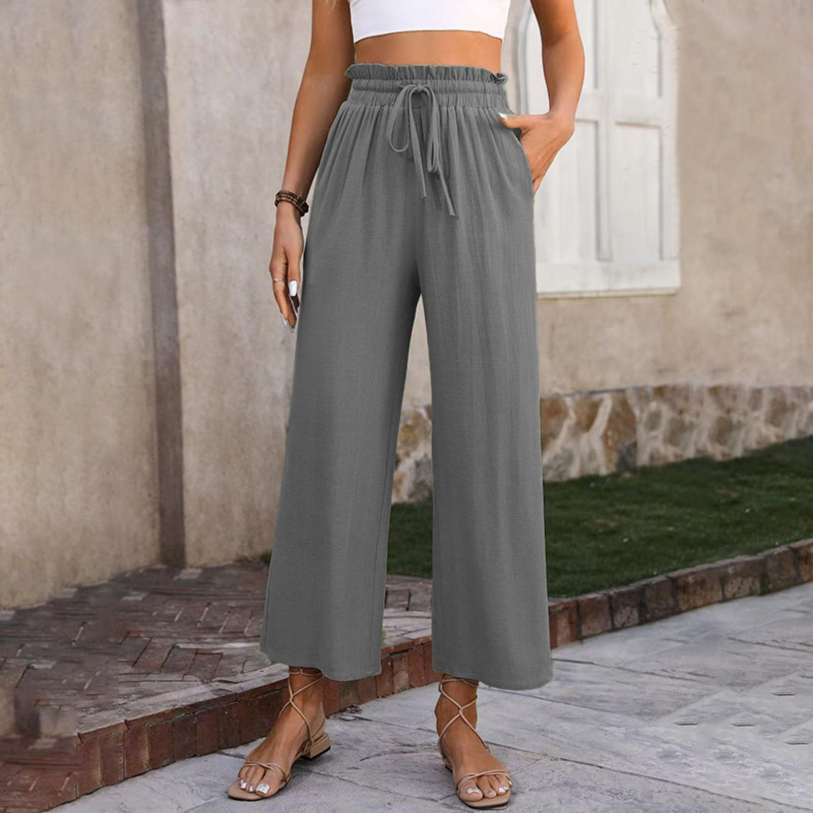 

Women s Fashionable Loose-Fit Pocket Cotton-Linen Blend High-Waisted Wide-Leg Pants Casual Cropped Trousers M