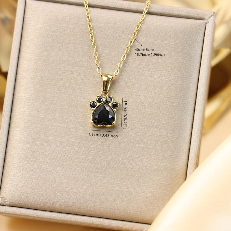 18K Gold-Plated Titanium Cat Paw Pendant Necklace with Colorful Zircon Hearts for Women