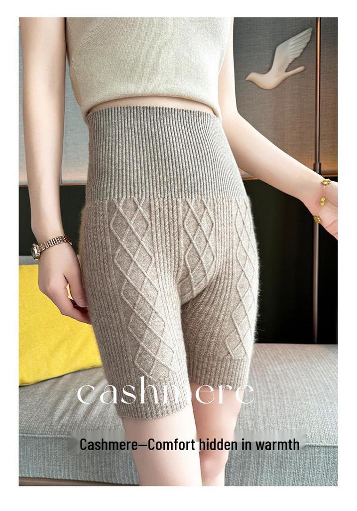 Women's High-Waisted Cashmere Base Layer Pants: Autumn/Winter Warmth, Abdomen Slimming, Waist Protection, Anti-Exposure Wool Knit Shorts.