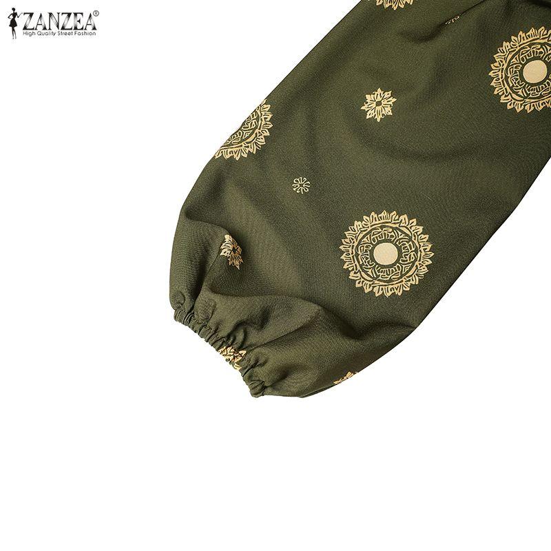 ZANZEA Women Lantern Sleeve Stand Collar Belted Waist Floral Print Pleated Hem Casual Holiday Long Dress