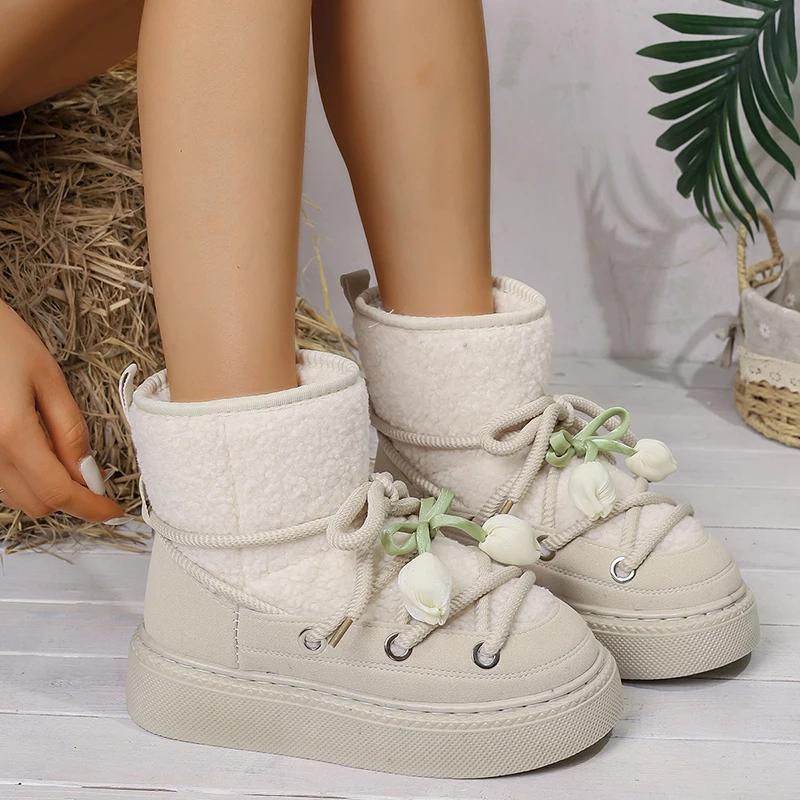 Fashion Floral Bowtie Lace Up Ankle Boots Women Cotton Padded Thicken Plush Snow Boots Plus Size Thick Sole Chunky Platform Cotton Boots