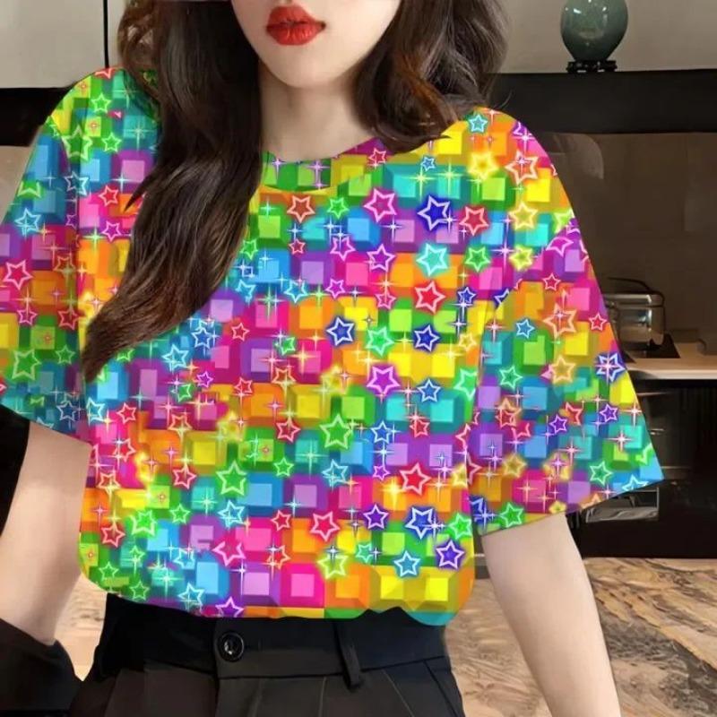 Zomer Heet Verkopen Sprankelende Ster 3D Geprinte Korte Mouw Dames Trendy Mode Ronde Hals T-shirt Top
