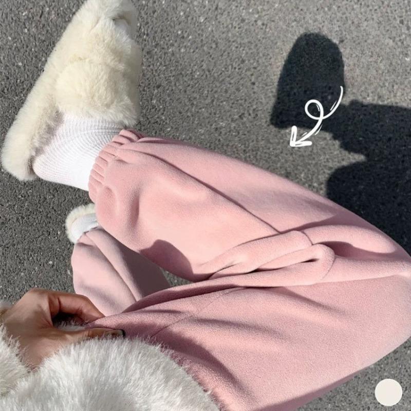 Pink Fleece Sports Pants for Women Autumn and Winter Thick Warm Cotton Pants Small Stature Ankle Binding Fleece Sanitary Pants