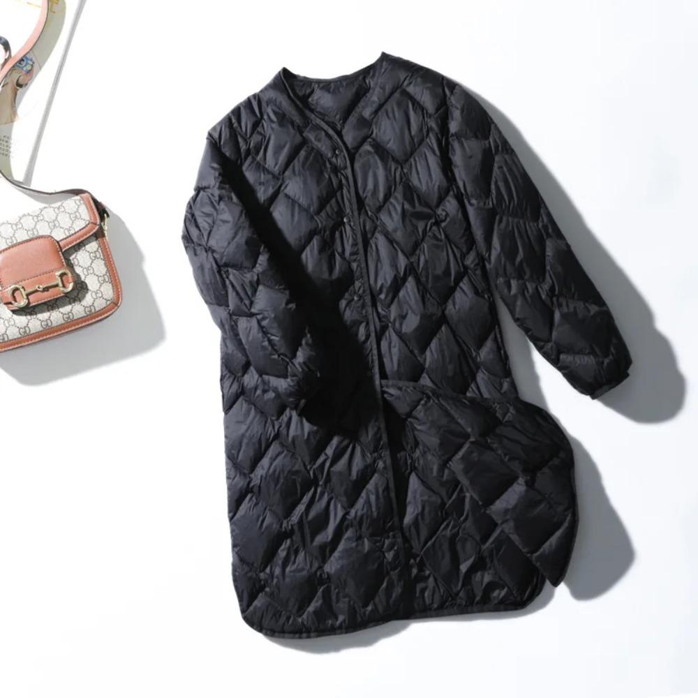 Damen Ultraleichte Weiße Entendaunen Lange Jacke Argyle V-Ausschnitt Kragen Lässig Herbst Winter Oberbekleidung Mantel