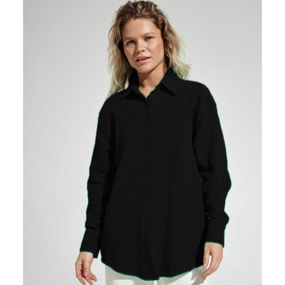 Women's Point Collar Long Sleeve Shirt Loose Fit Elegant Solid Crinkle Cotton Button Down Blouse