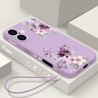Purple Floral Pattern Shockproof Case For iPhone 16 17 Pro Max 15 Pro 14 13 12 11 Lanyard TPU Lens Protection Matte Soft Phone Cover