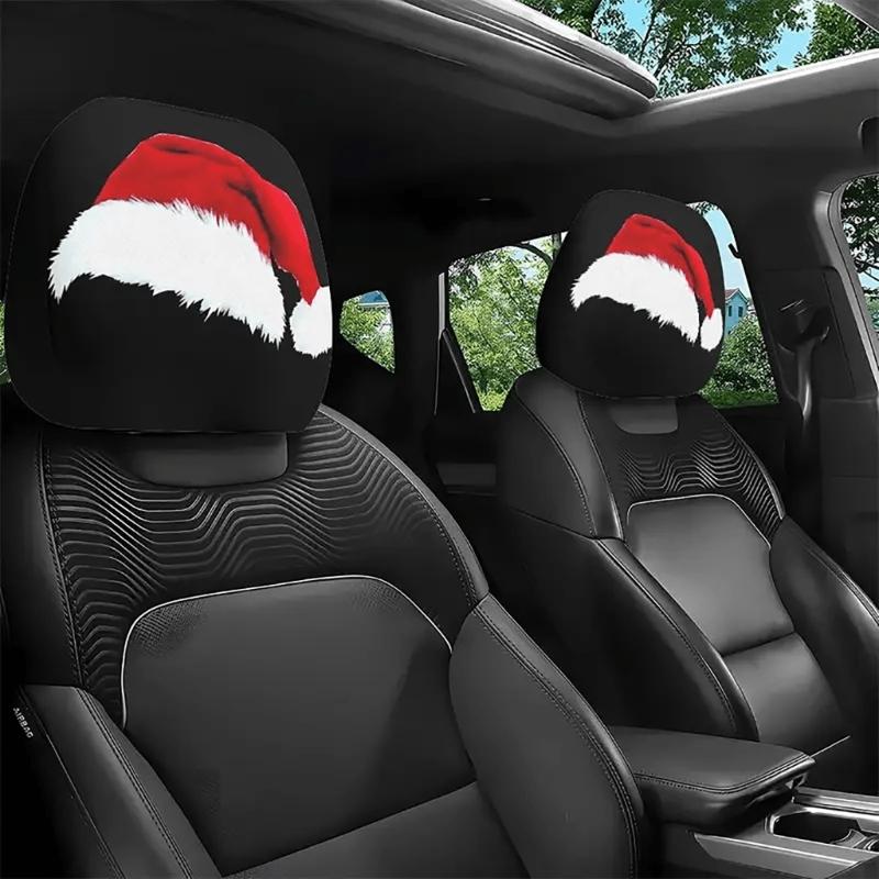 Holiday Car Headrest Cover Set, Slip On Polyester Fabric Washable for Christmas Cabin Style, Daily Driving, and Family Cars