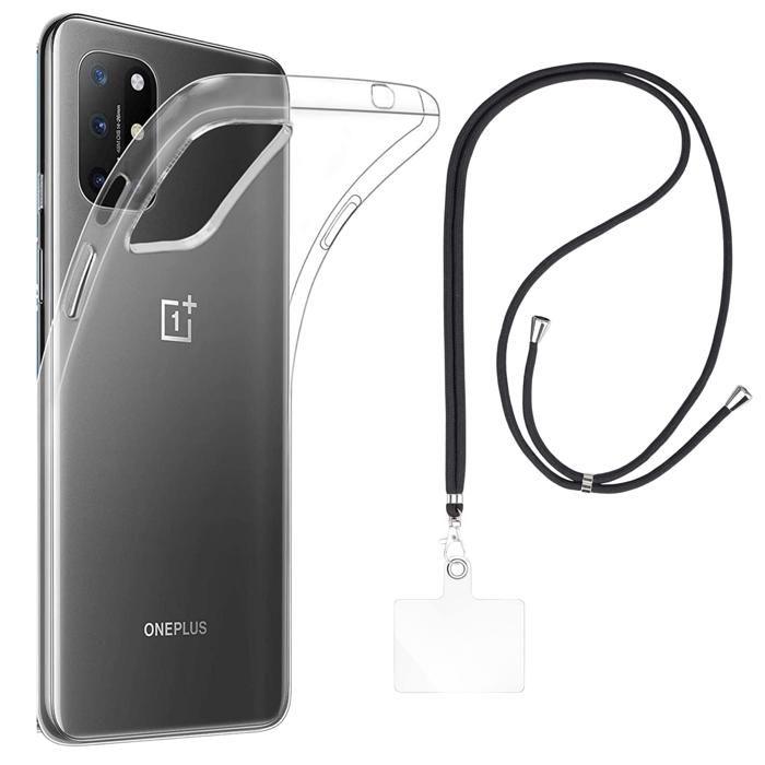 Case and Neck Strap for OnePlus 8T - Transparent Soft TPU Adjustable Black Cord Phonillico®