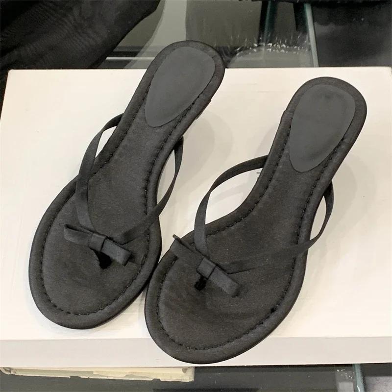 

Fashion 2025 New Summer Butterfly-knot Clip Toe Women Slippers Fashion Low Thin Heels Sandals Party Dress Flip Flops Shoes 35 чёрный