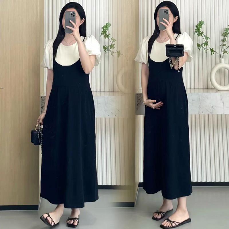 Korean Style Maternity Patchwork Dress: Elegant Loose Fit for Summer 2026 2XL