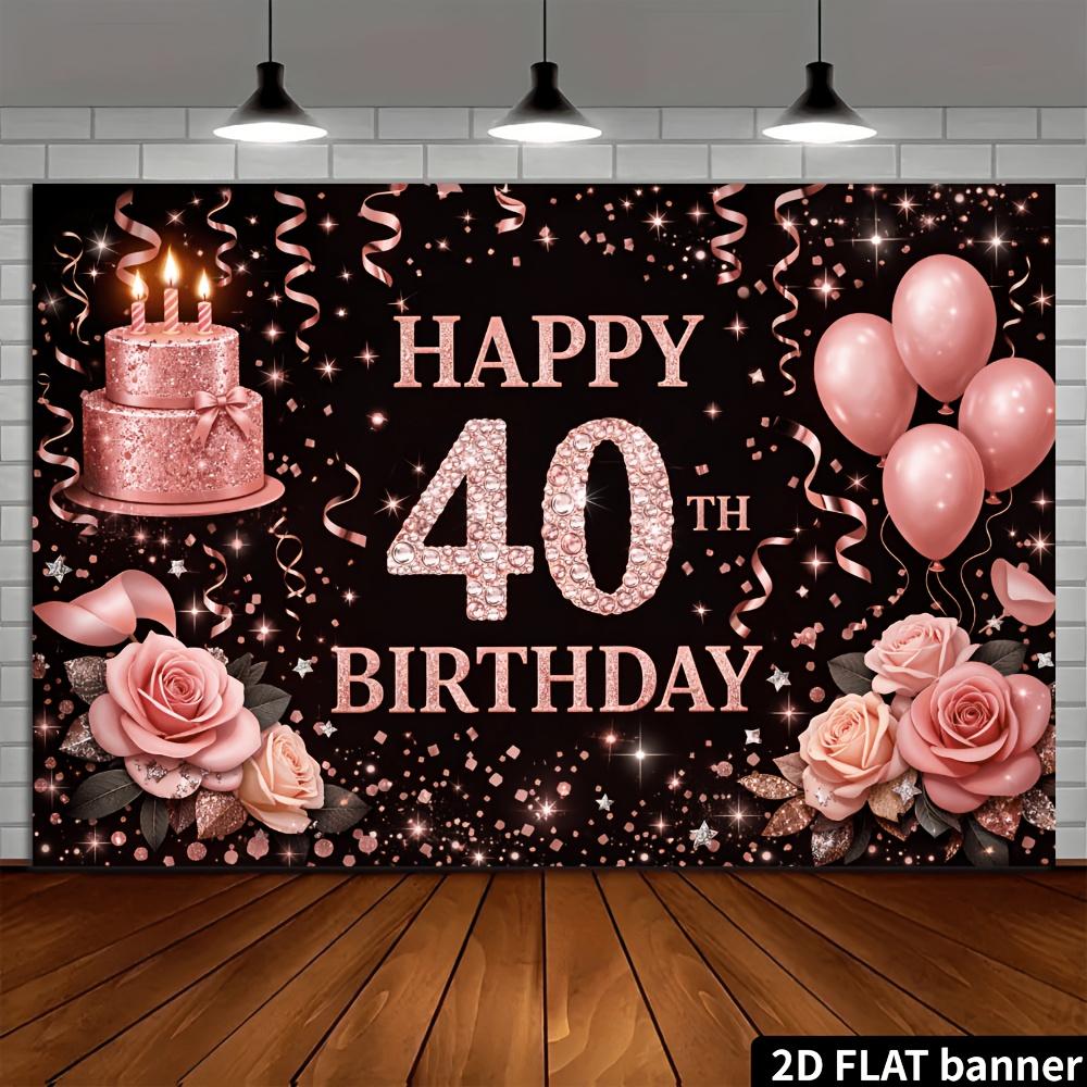 2D plane 40th birthday party backdrop fabric  black background with rose gold glittering diamonds theme  featuring pink roses