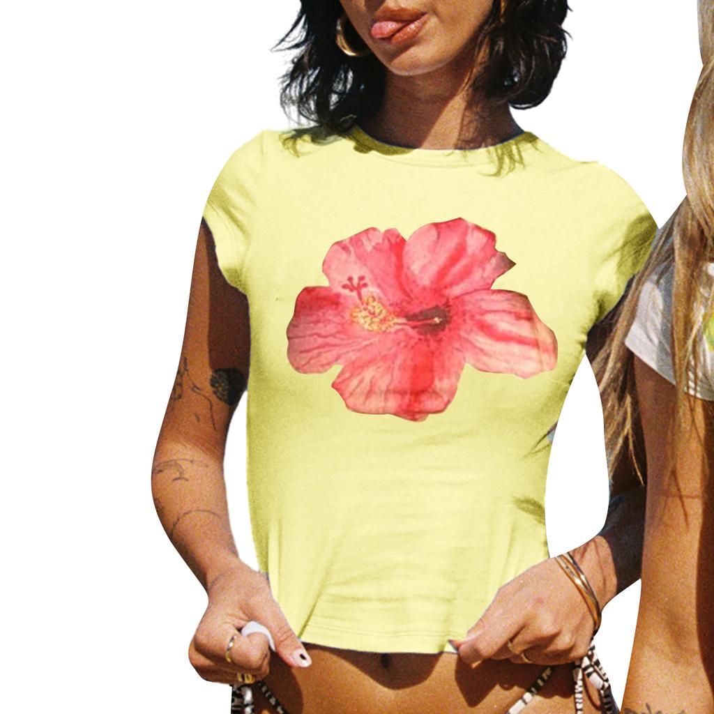 Women's Summer Slim Crop Tops Floral Print Pattern Cap Sleeve Round Neck Show Navel Tops Streetwear