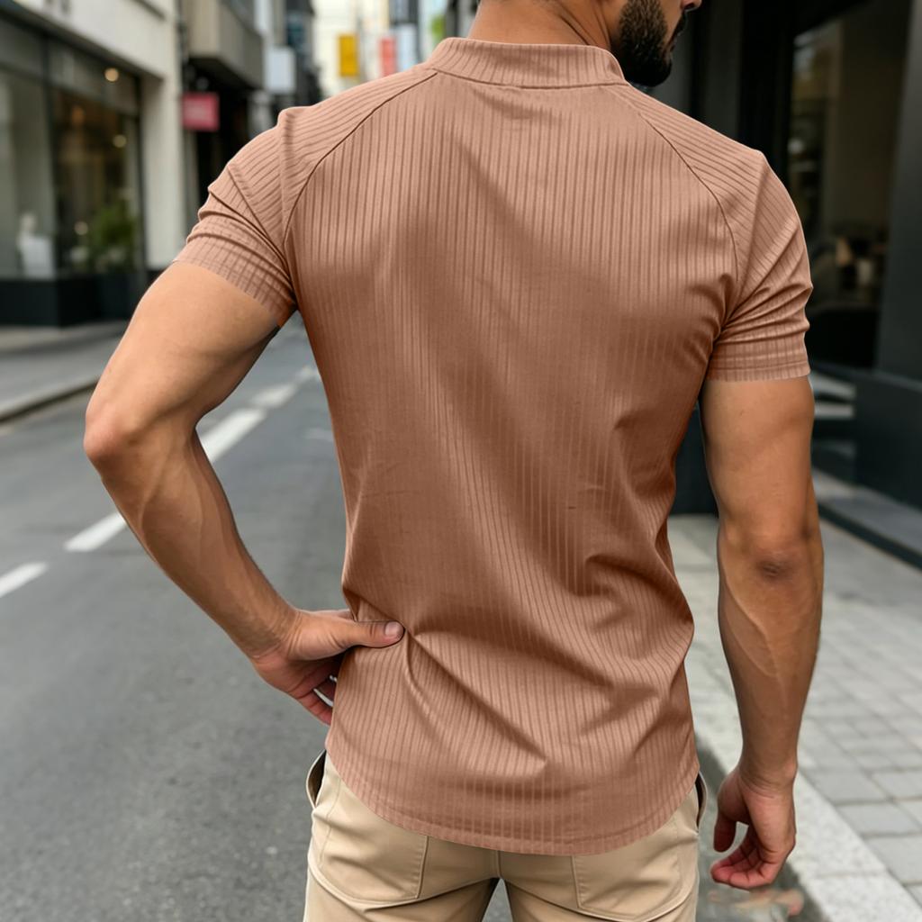 Men’s Casual Short Sleeve Zip Up Ribbed Top Lightweight Stand Collar Pullover Comfortable Relaxed Fit Shirt for Daily Wear