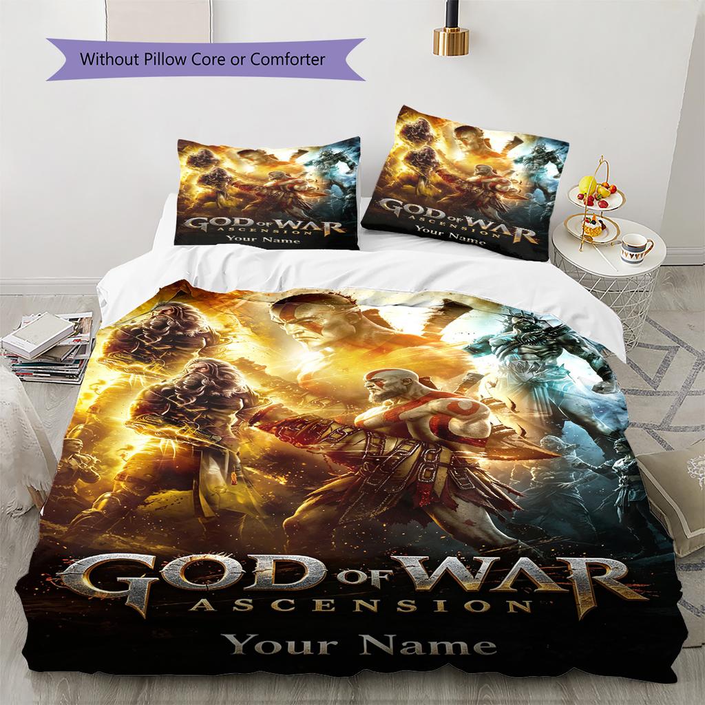 Name Custom God of War Pattern Bedding Set Quilt Cover Pillowcase Home Decor Gift (1 * Duvet Cover + 2 * Pillowcase, Without Core)