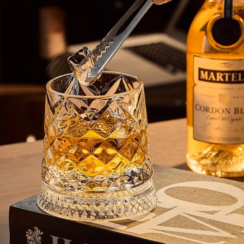 2026 New Whiskey Glasses Rotating Whisky Glass with Glass Base 360 Rotate Degrees Crystal Rum Glass for Cocktail Party Drinking