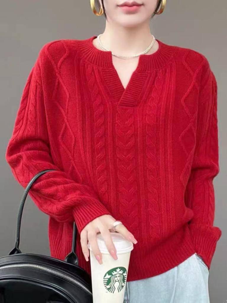 Retro casual pullover sweater women's autumn and winter new lazy loose and thin v-neck solid color knitted sweater top