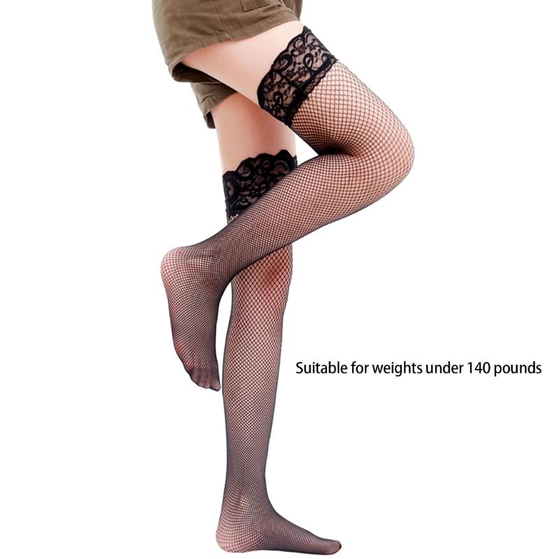 Sheer Fishnet Thigh High Stockings with Floral Lace Trim See Through Mesh Over Knee Long Socks for Women's Hosiery