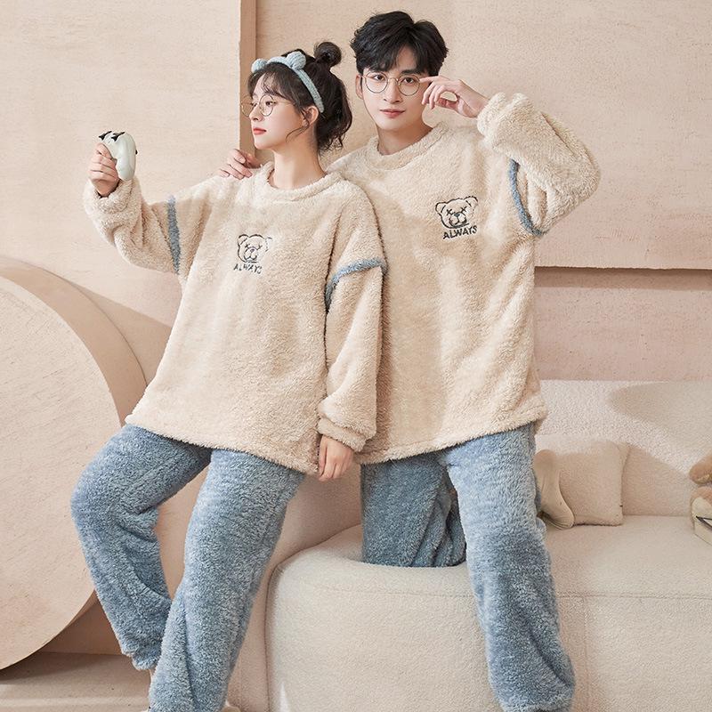 Couples' Cozy Flannel Pajama Set: Women's Plus Velvet, Men's Loose Fit, Warm Coral Fleece Homewear