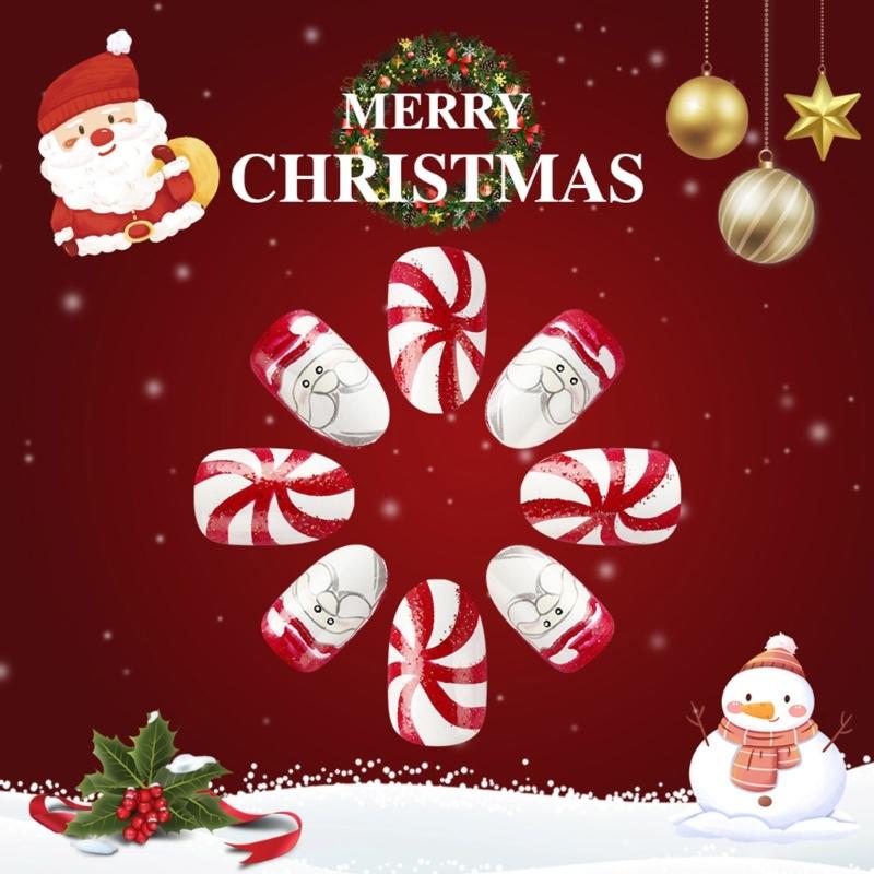 24Pcs Christmas Press On Nail Snowflake Design Full Cover Acrylic False Nail Stick on Nail Women’s Nail Accessories