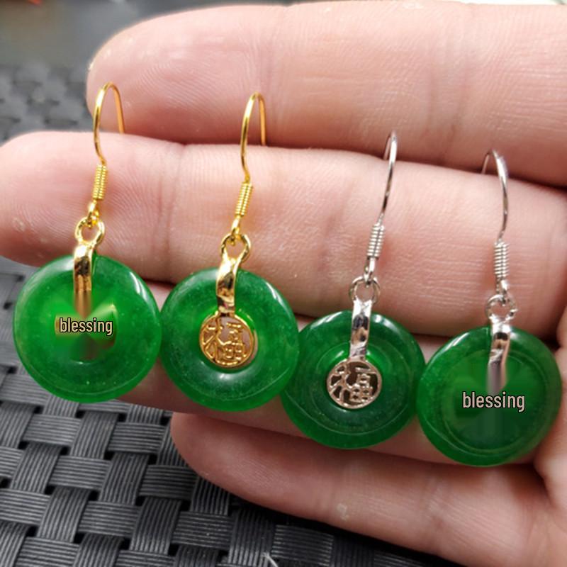 Emerald Jade & Quartzite Buckle Earrings with Fu Character - Spinach Green Jade Earring Pendants Gold Version