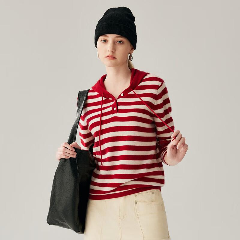 Zhaojun Women's Red Stripe Hooded Cashmere Sweater