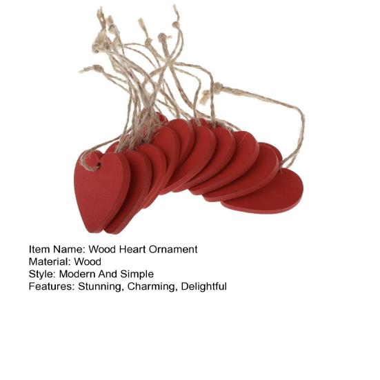 10 Pcs Wood Heart Block Sign Red Heart Shaped Hanging Ornaments with Hole Hemp Ropes