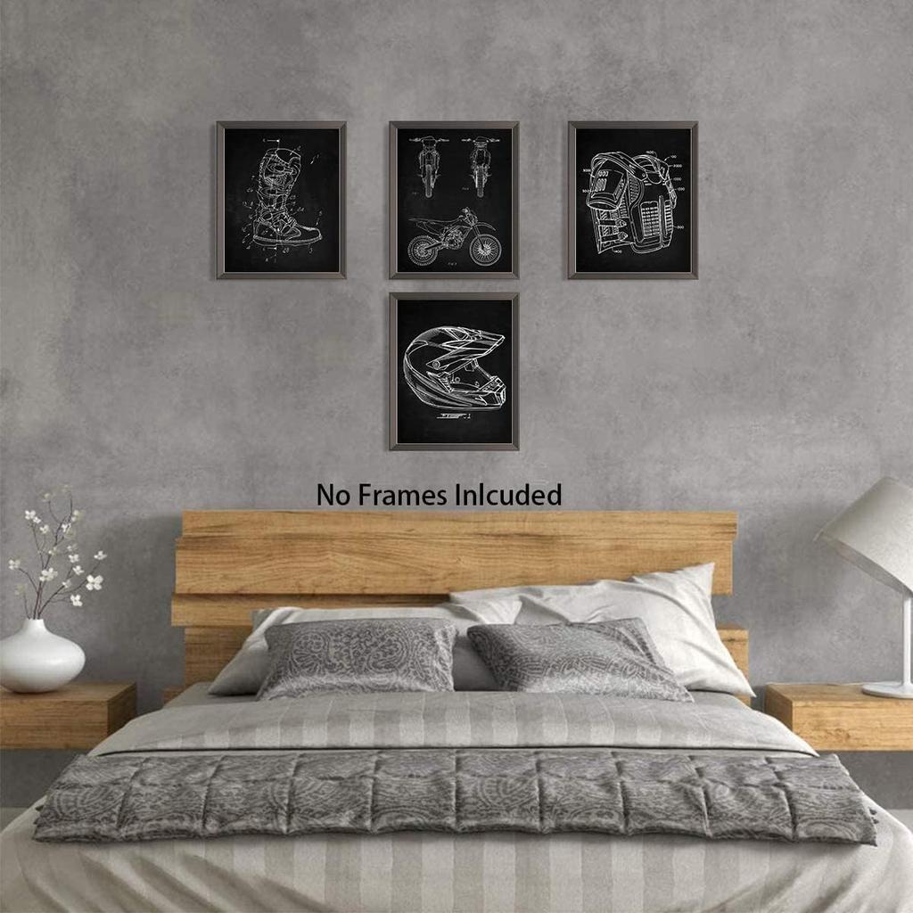 MOOXO Motorcycle Dirt Bike Patent Wall Art, Vintage Motocross Canvas Posters, Helmet Body Armor Motorbike Boots Art Prints for Man Cave Garage Home