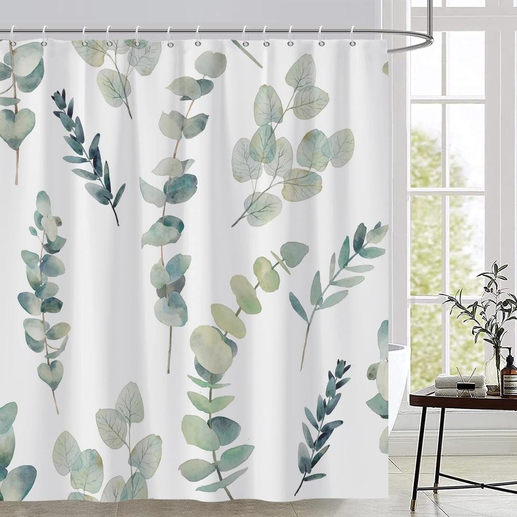 Green Leaf Plant Shower Curtain Leaves Pink Flower Bird Butterfly Potted Plants Botanical Bathroom Decor Polyester Bath Curtain