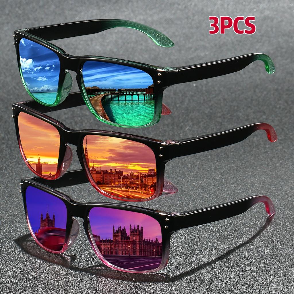 3Pcs Fashion Vintage Square Sunglasses Men Women Fishing Driving Man Luxury Brand Designer Sun Glasses Anti-Glare Retro Eyewear