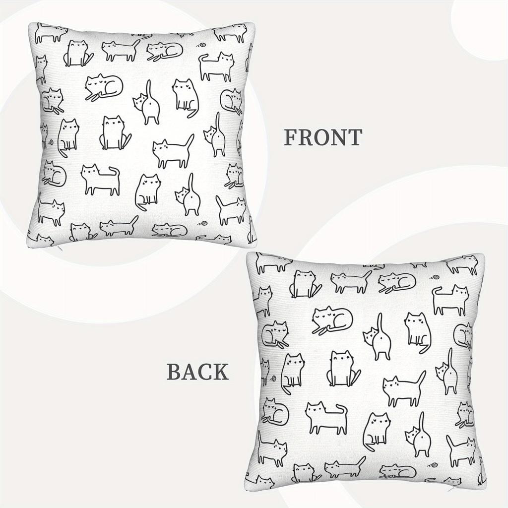 1Pc White Cat Pattern Pillow Cover - Contemporary Style Cute Kitten & Kitties Design, Zipper Closure, Machine Washable For Porch
