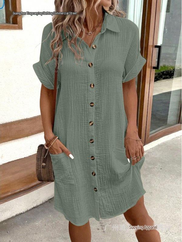 Women's Mid-Length Single-Breasted Short Sleeve Solid Color Casual Dress