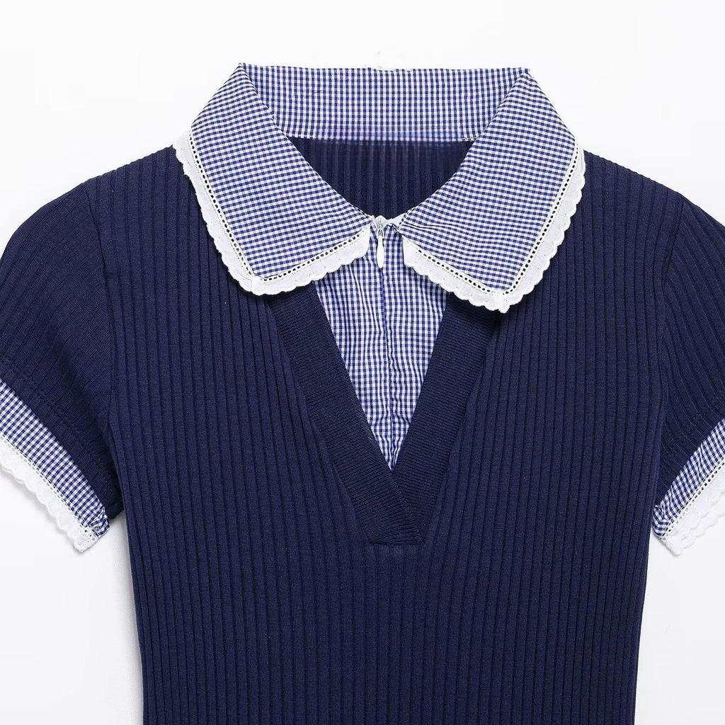 2025 Summer French Retro Color Block Polo Knit Shirt