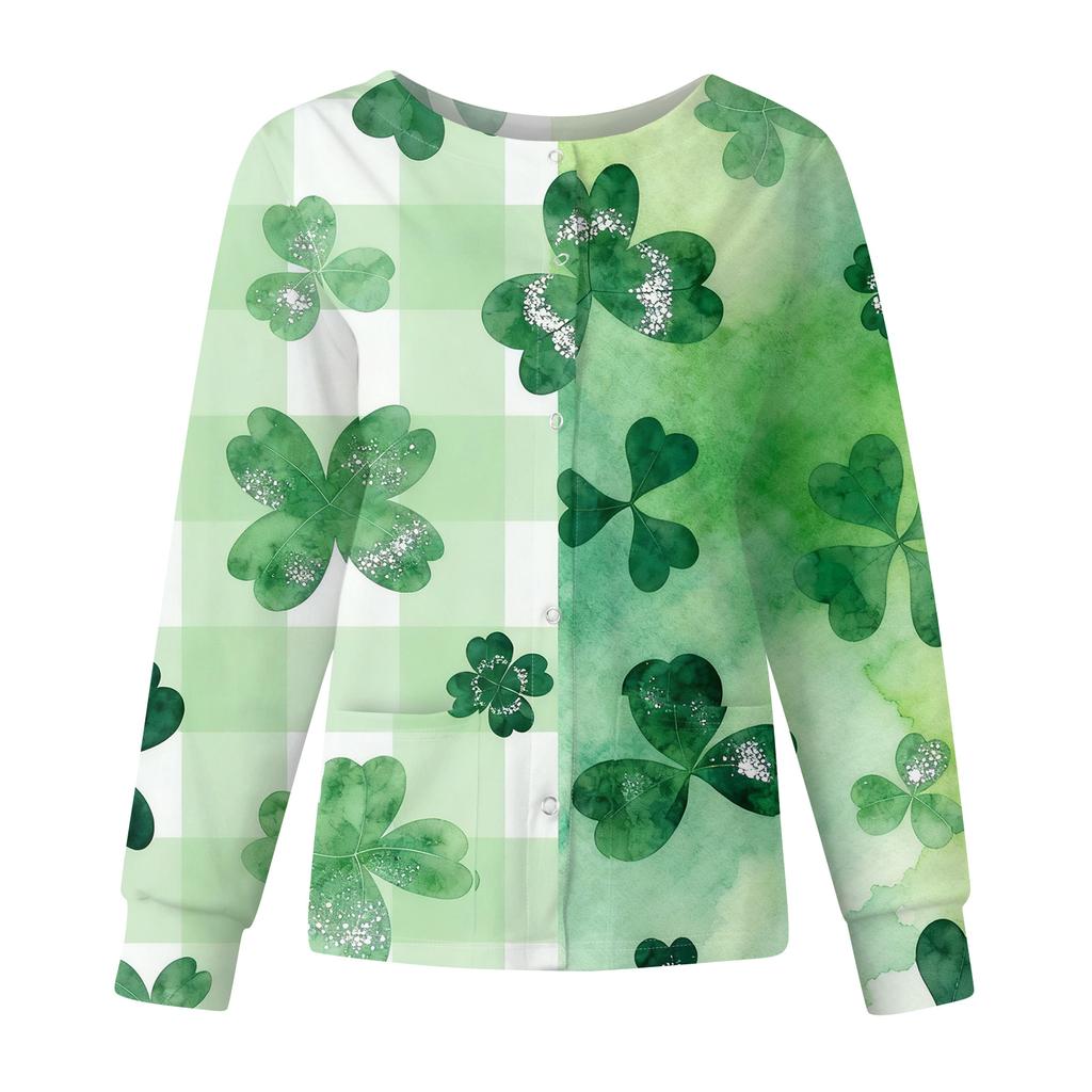 Damen Casual Mode Langarm Stehkragen Einreiher St. Patrick's Day Print Arbeitsjacke Tops