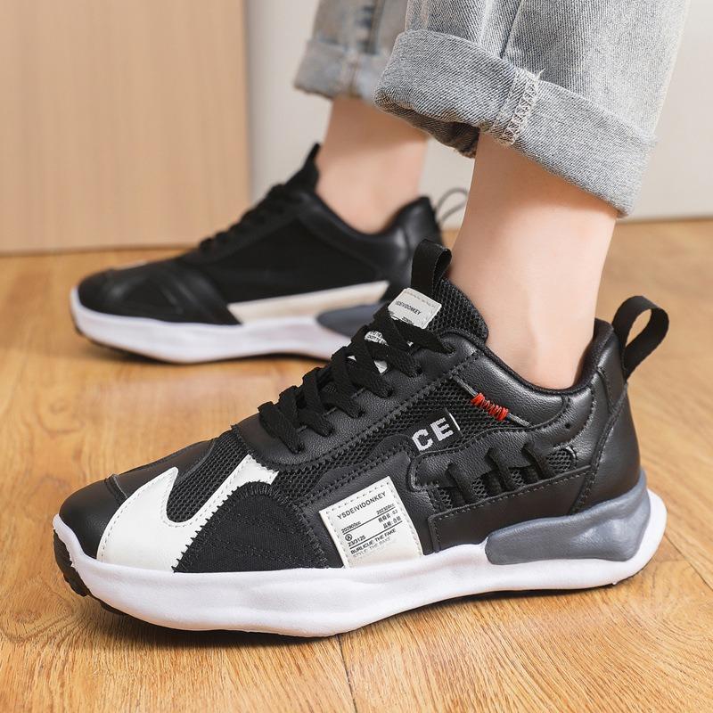 Sports shoes summer mesh leather splicing thick-soled high men's shoes lace-up low-top running shoes